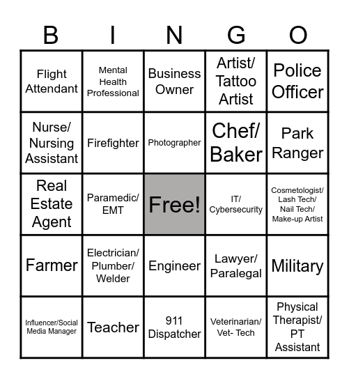 Career Options Bingo Card