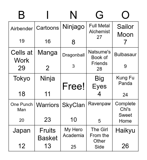 Manga Bingo Card