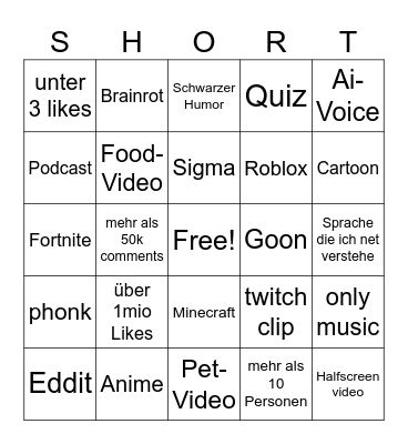 Short Bingo Card