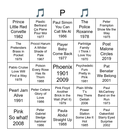 Bands that start with the letter "P" Bingo Card