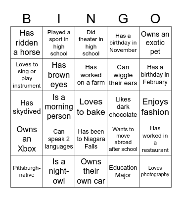 Res Life Bingo Card