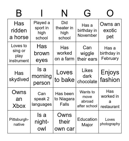 Res Life Bingo Card