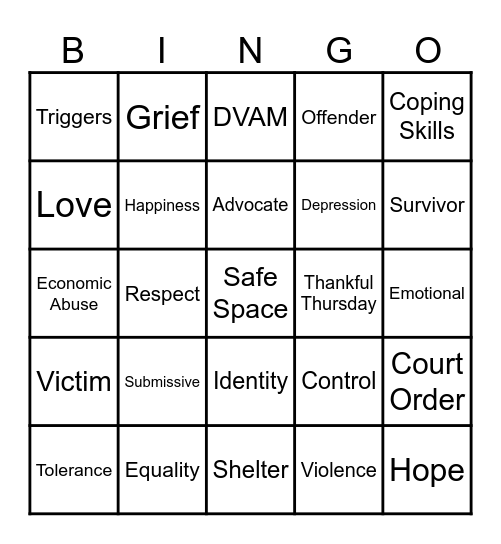 Domestic Violence Bingo Card