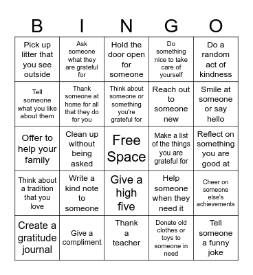 Gratitude Bingo Card