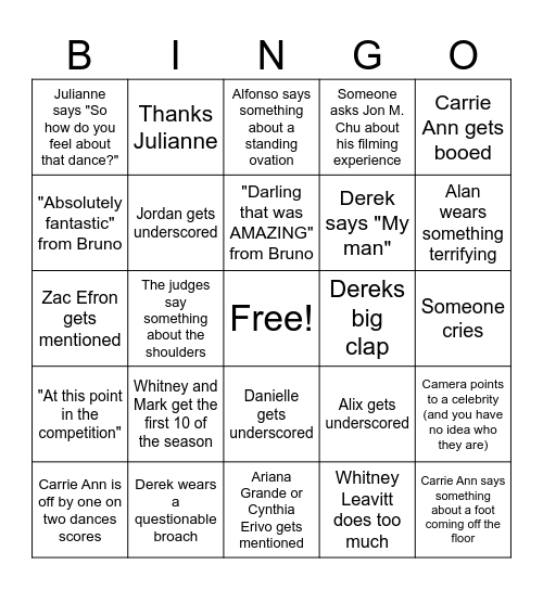Dancing with the Stars Bingo Card