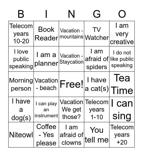 MY TEAM Bingo Card