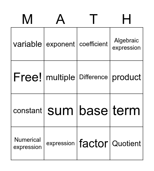 Expressions Bingo Card
