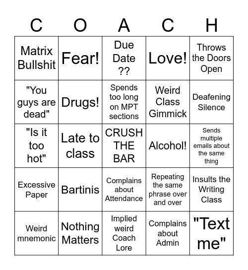 Coach Bingo Card