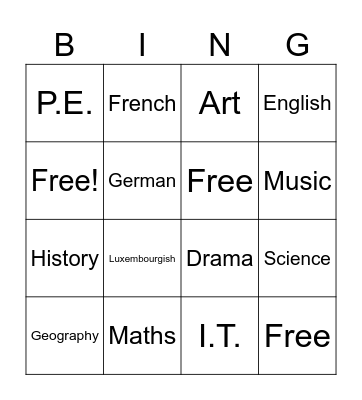 School subjects Bingo Card