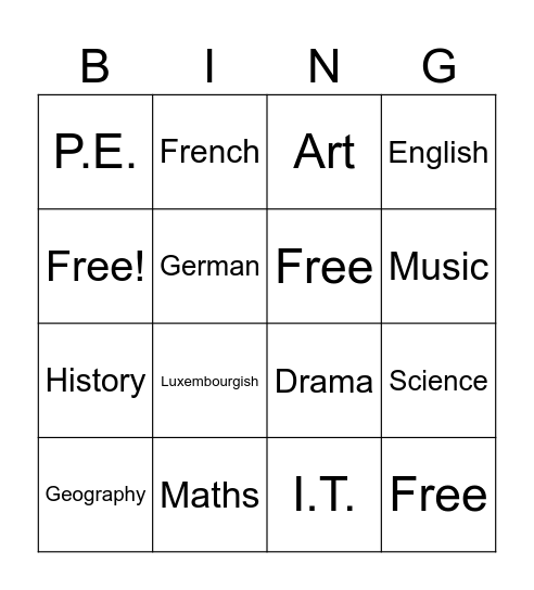 School subjects Bingo Card
