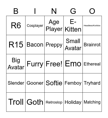 Roblox Avatars Bingo Card