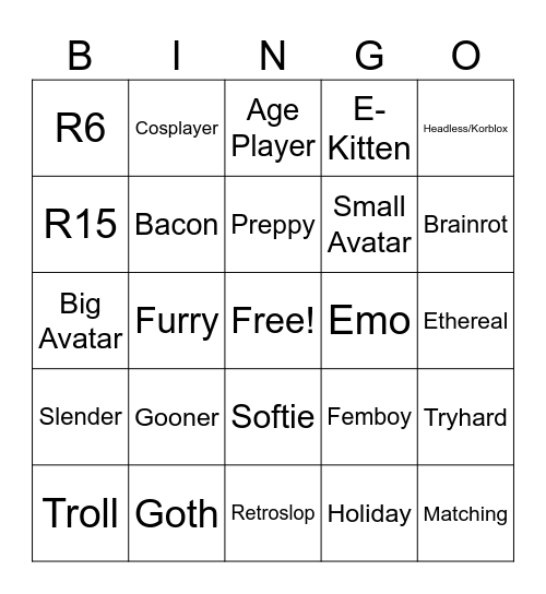 Roblox Avatars Bingo Card