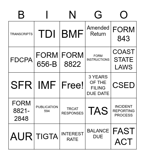 IRS Bingo Card