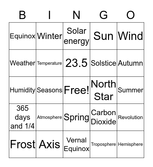 Seasons and Sun Bingo Card