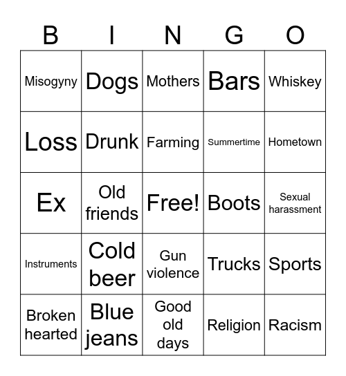 Country music Bingo Card