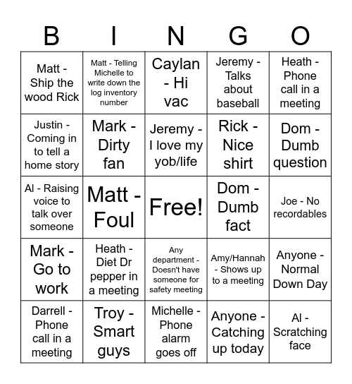 West Fraser Bingo Card