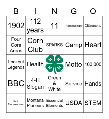 4-H Trivia/Bingo Challenge Bingo Card