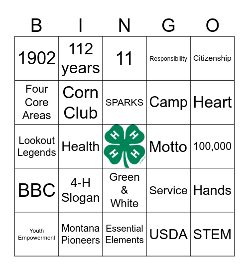 4-H Trivia/Bingo Challenge Bingo Card