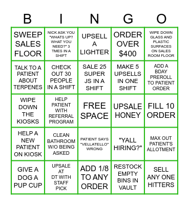 Budtender Bingo Card