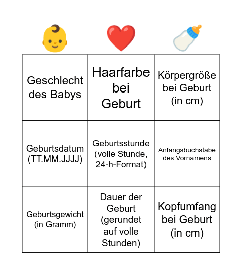 Baby Bingo Card