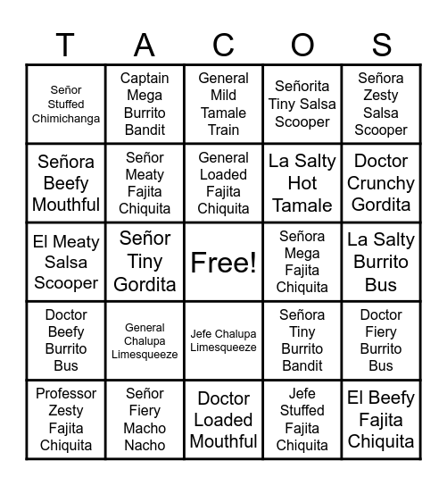 Taco Names Bingo Card