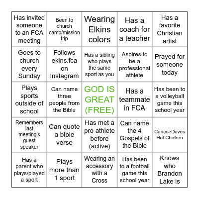 FCA BINGO!!! Bingo Card