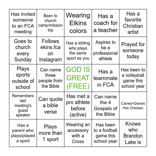 FCA BINGO!!! Bingo Card