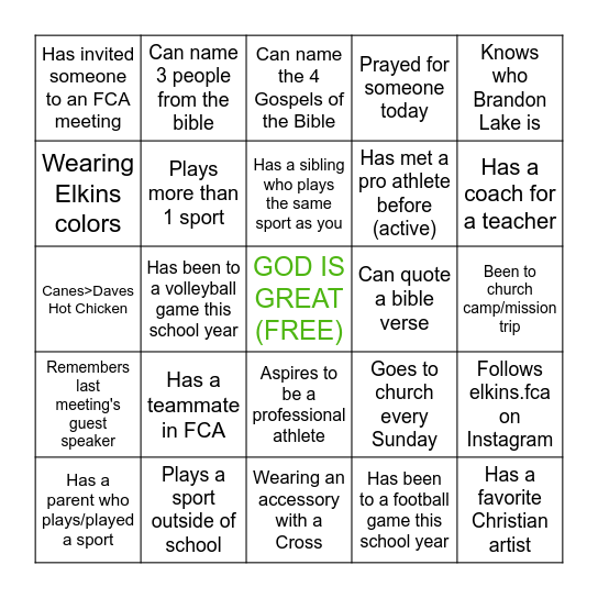 FCA BINGO!!! Bingo Card