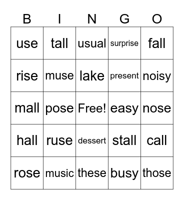 (s) = /z/ Bingo Card