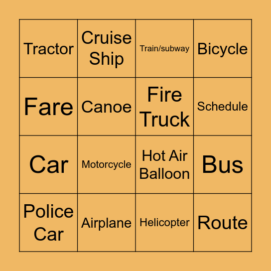 Transportation BINGO Card