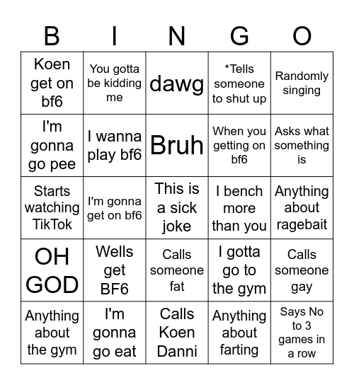 Cooper Bingo Card
