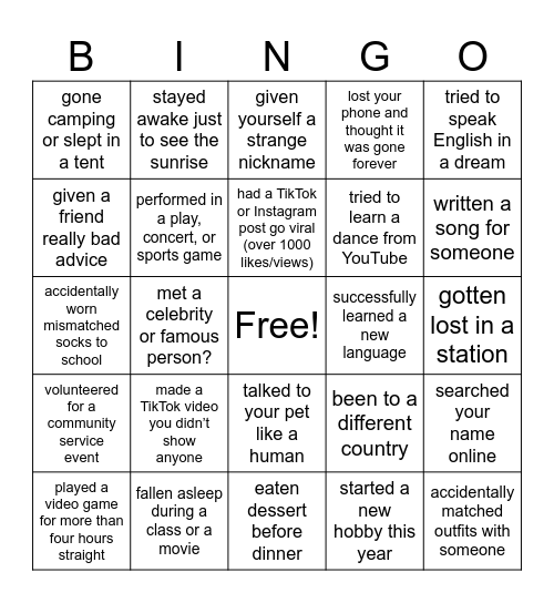 Have you ever ...? Bingo Card