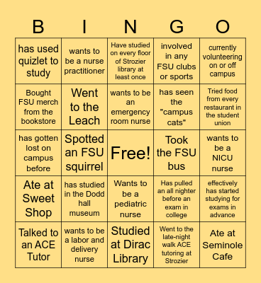 FSU/Pre Nursing Bingo!! Bingo Card
