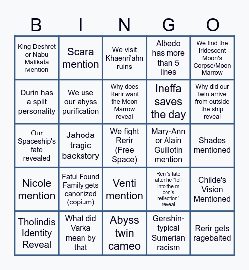 Luna II Archon Quest Bingo Card