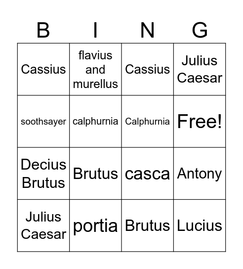 Julius Caesar Bingo Card