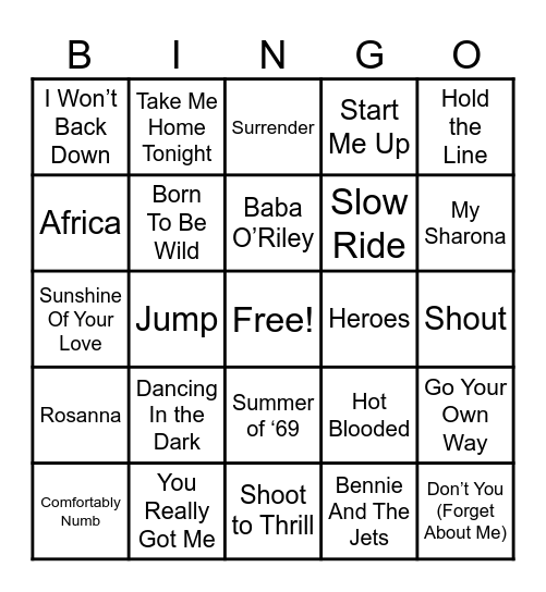 Classic Rock Bingo Card