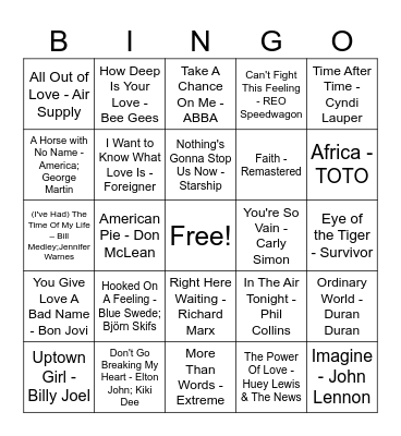 Classic/Soft Rock Bingo Card