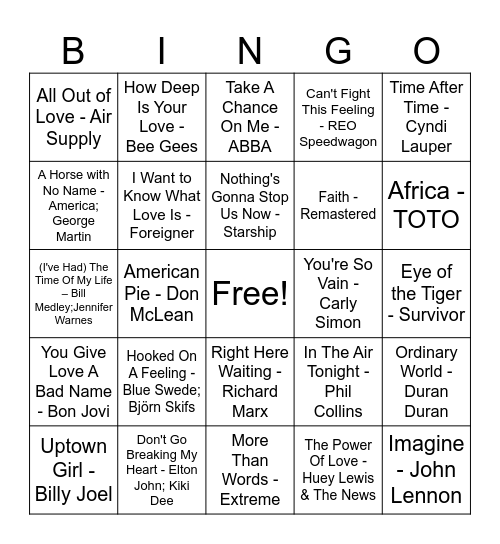 Classic/Soft Rock Bingo Card