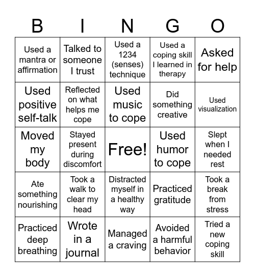 SESSION #4: COPING SKILLS Bingo Card