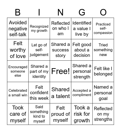 SESSION #6: SELF-ESTEEM & IDENTITY Bingo Card