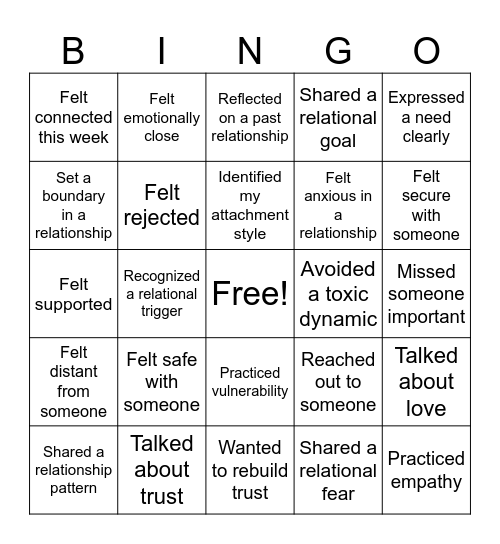 SESSION #7: RELATIONSHIPS & ATTACHMENT Bingo Card