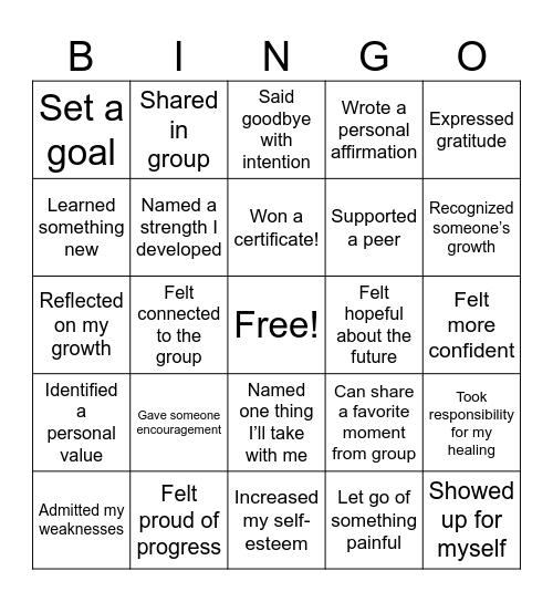 SESSION #10: REFLECTION & CELEBRATION Bingo Card