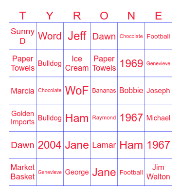 Ty's Trivia Bingo Memorial Game Bingo Card