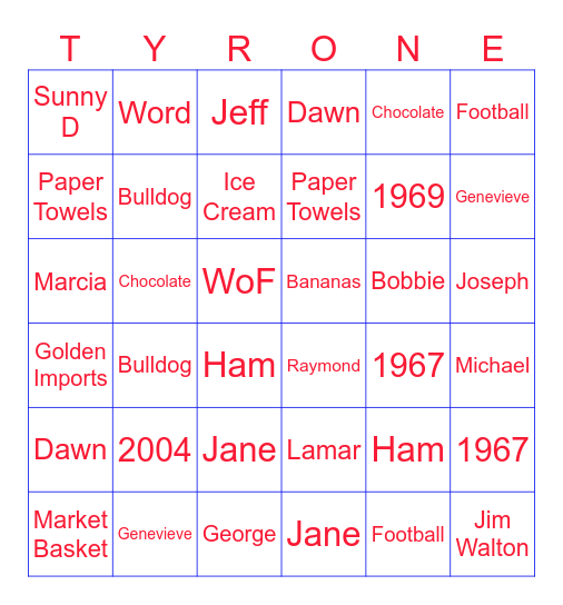 Ty's Trivia Bingo Memorial Game Bingo Card
