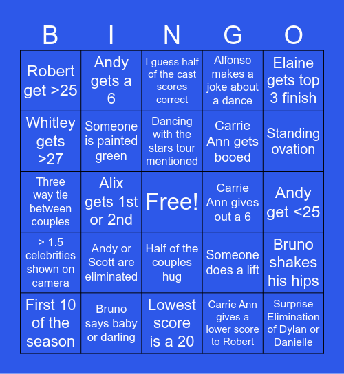 Dancing with The Stars Bingo Card