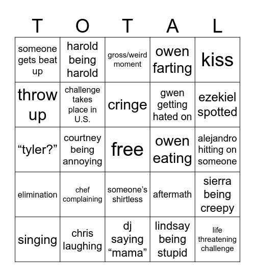 Total Drama World Tour Bingo Card