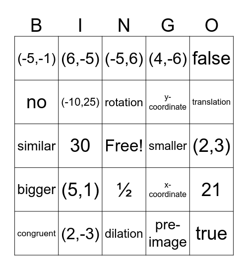 Transformations Bingo Card