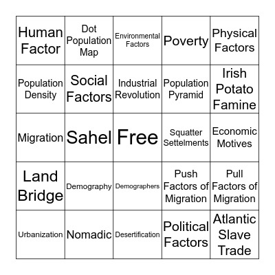 Demography & Migration Bingo Card