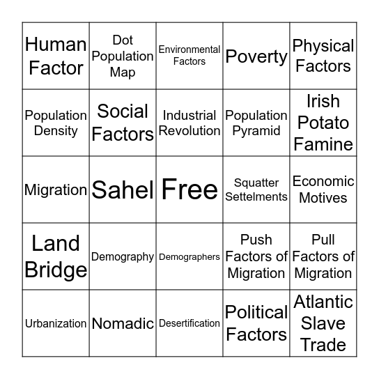 Demography & Migration Bingo Card