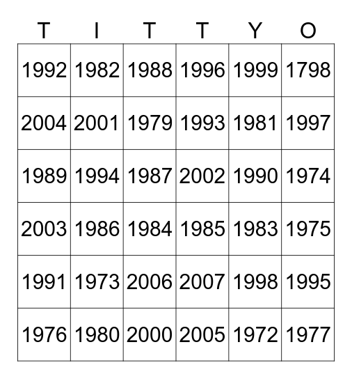 Birth Years Bingo Card
